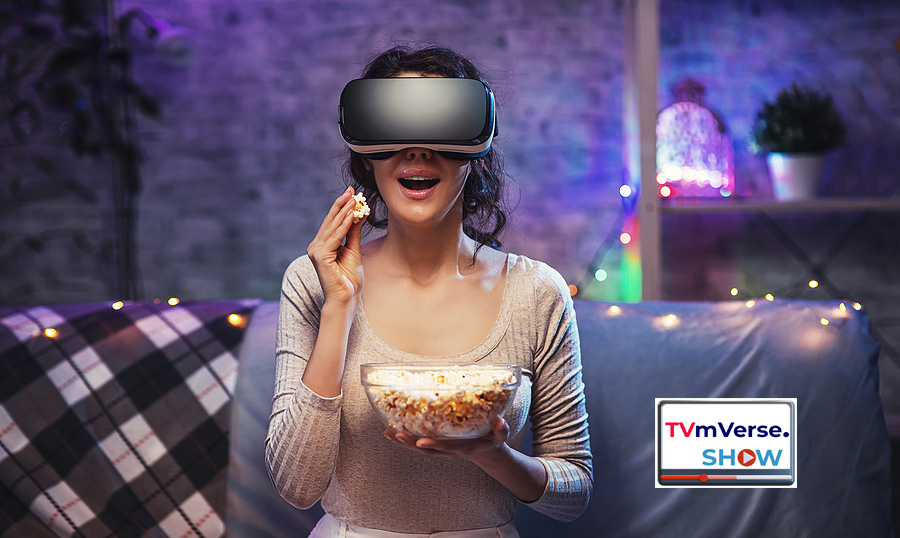 Woman Watching TV with VR Headset - VRTV